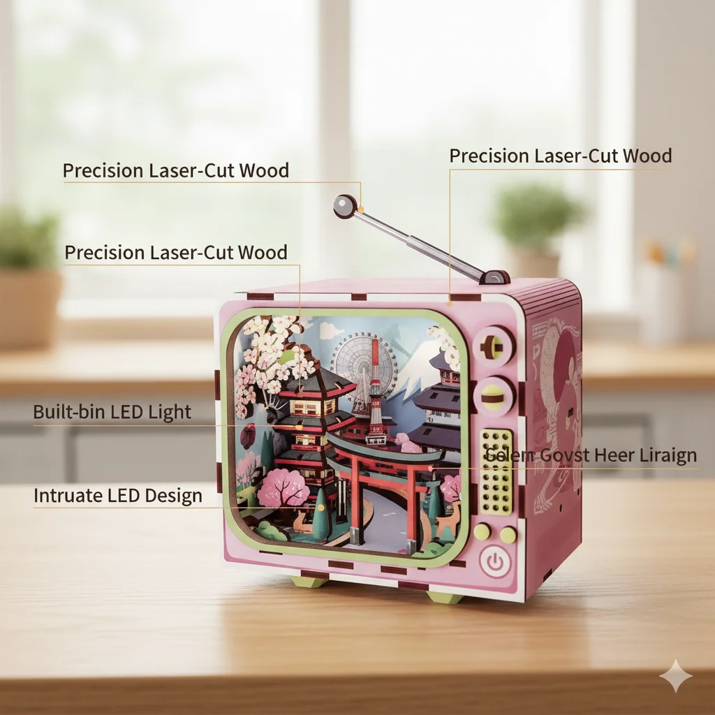 DIY Houten TV Puzzel Model 89PCS Handgemaakte Retro Montage Speelgoed Met Verlichting Architectonisch Ornament Cadeau Voor Volwassenen Kids Decor
