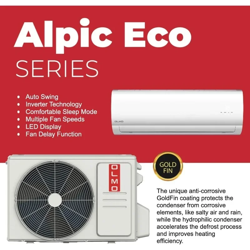 OLMO Alpic 9,000 BTU, 110/120V Ductless Mini Split AC/Heating System With Heat Pump Including 16ft Installation Kit…