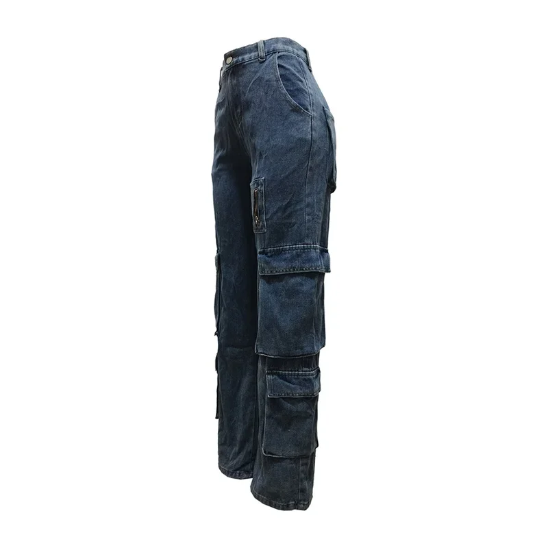 Jeans dritti da donna Patchwork Organ Pocket pantaloni in Denim elasticizzato in vita pantaloni multitasche stile abbigliamento da lavoro Casual nuovi femminili