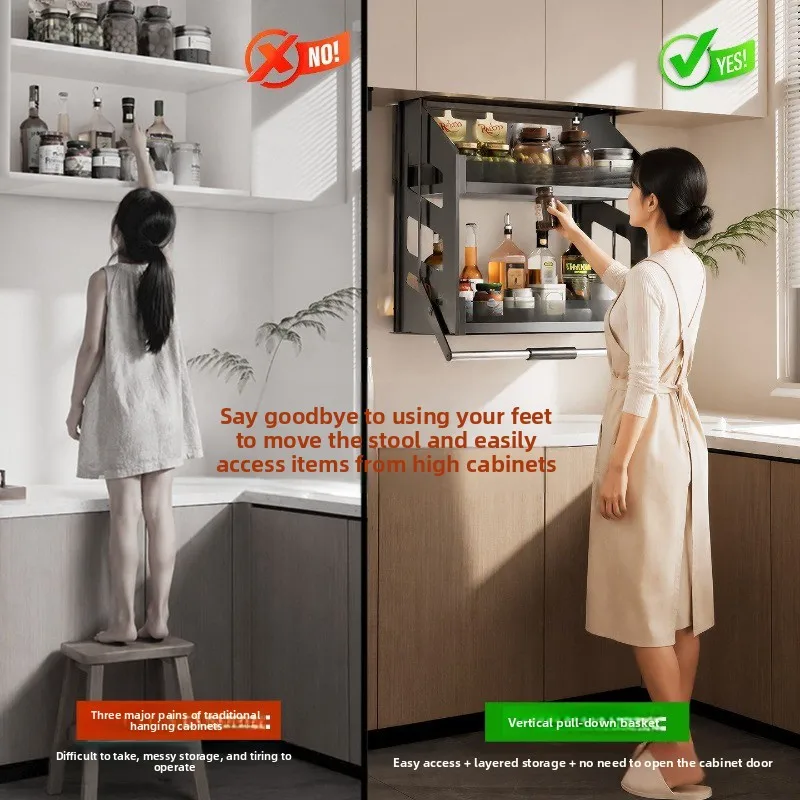 Hanging cabinet manual lift pull-down basket pull-down type, kitchen cabinet seasoning basket vertical up and down buffer lift
