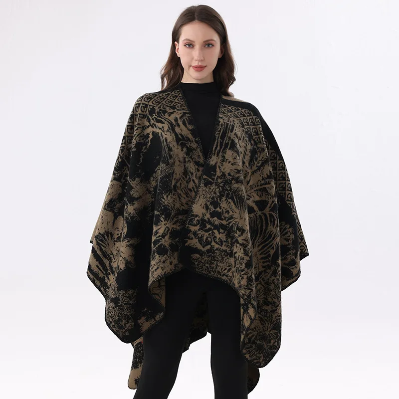 Travel shawl, winter faux cashmere knitted scarf, split-front cape, outerwear