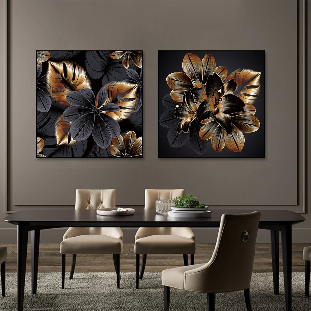 

Black Gold Flowers Canvas Interior Paintings Nordic Aesthetic Wall Art Modern Minimalist Posters Pictures Living Room Decoration