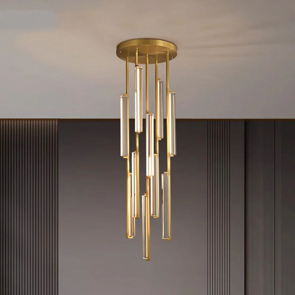 

Латунная линейная хрустальная светодиодная люстра, современный подвесной светильник для лестниц и высоких потолков