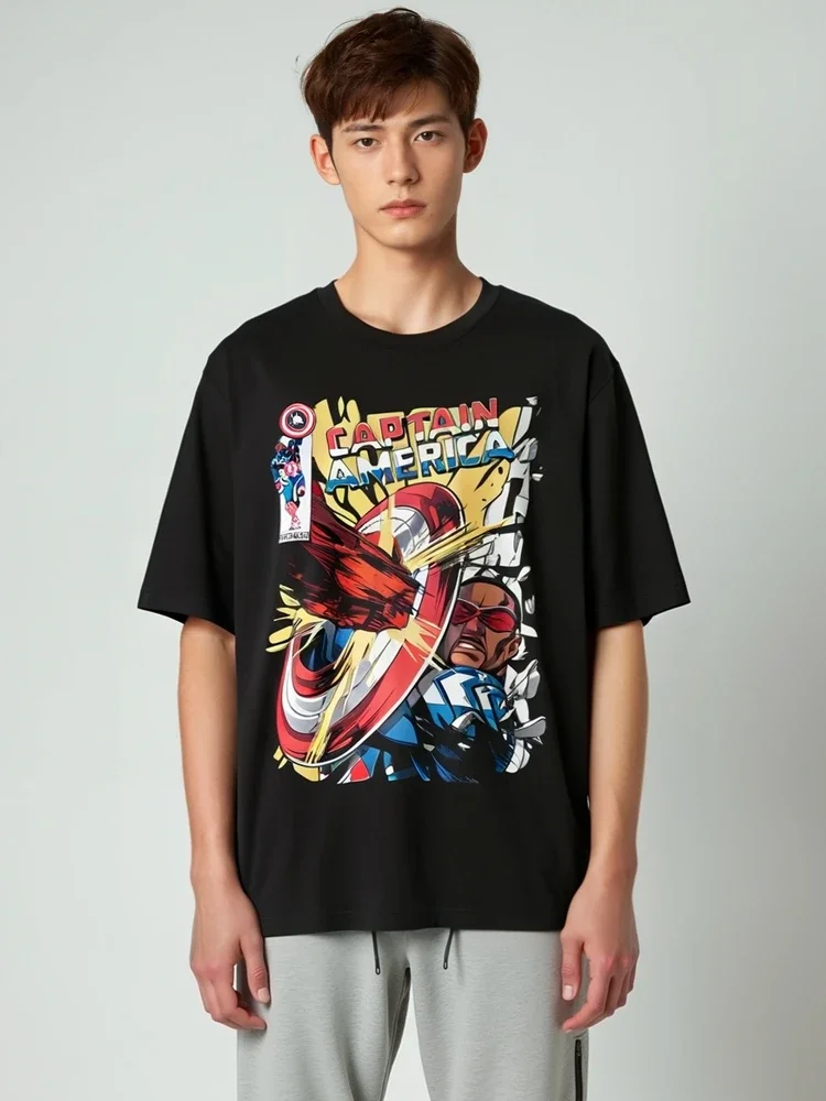 

2025 летняя футболка с принтом американских персонажей фильма MINISO для мужчин и женщин с одинаковой повседневной спортивной футболкой, семейная одежда