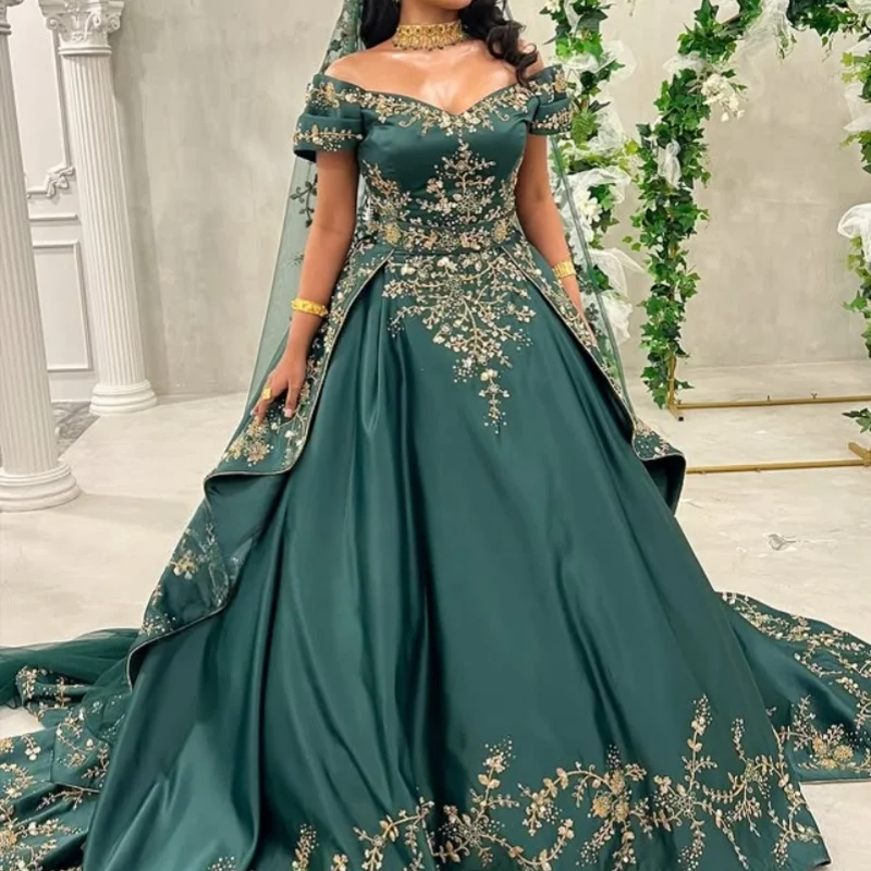 Satin dark green Quinceanera Dress off-shoulder glitter flower decal Bow vestidos de 15 Quinceanera ﻿Customize