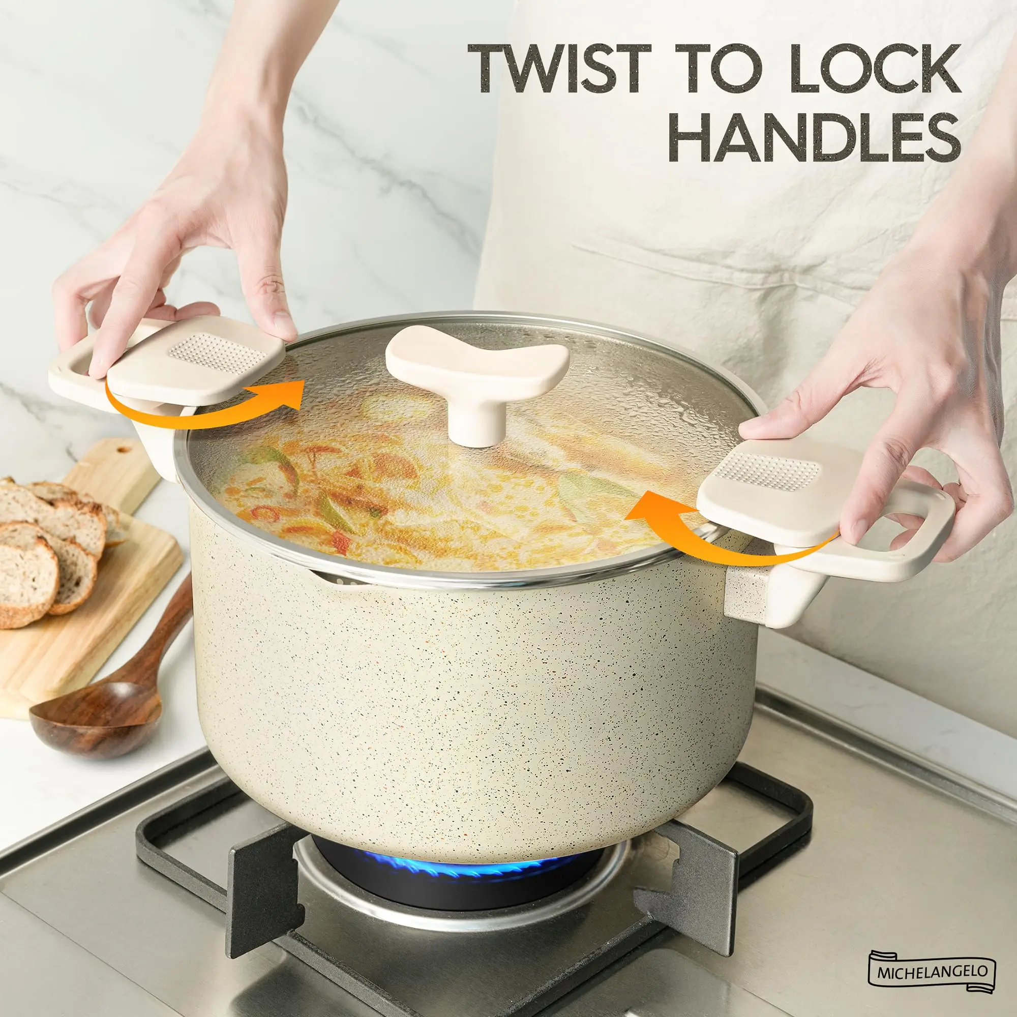 

CSK Pasta Pot with Strainer Lid 6Quart with Twist and Lock Handles Soup Pot with Nonstick Granite Coating Induction Compatible