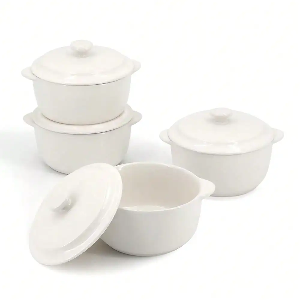 4-Pack Ceramic Mini Cocotte Set, 10 Oz Stoneware Casserole Dishes With Handles & Lids, Oven- Ramekins For Soufflé, Soup, Cobbler & BaFKing, Individual Serving Bakeware, FOff White