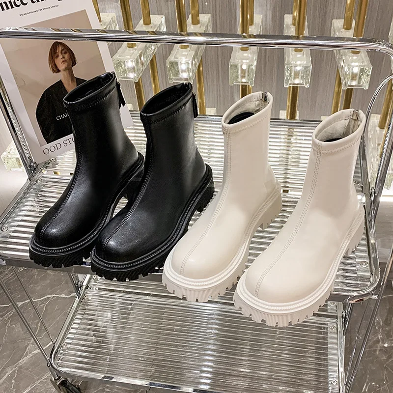 2025 New Fashion Autumn Winter Platform Shoes Leather Boots Women Casual Back Zippers Women's Ankle Boots Women's Short Bootties
