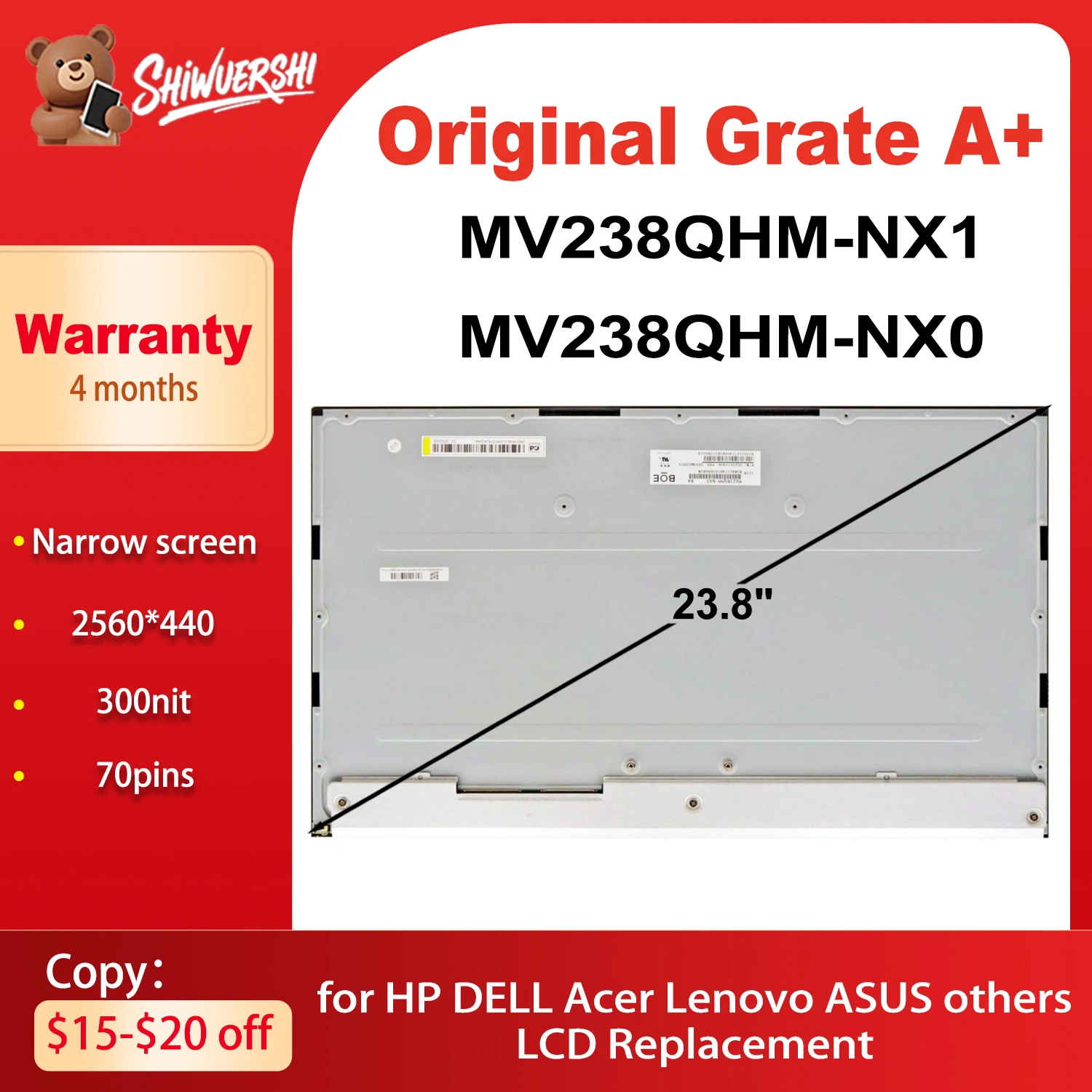 

Original MV238QHM-NX1 MV238QHM-NX0 23.8 inch LCD Panel IPS 100Hz 2560*1440 70Pins