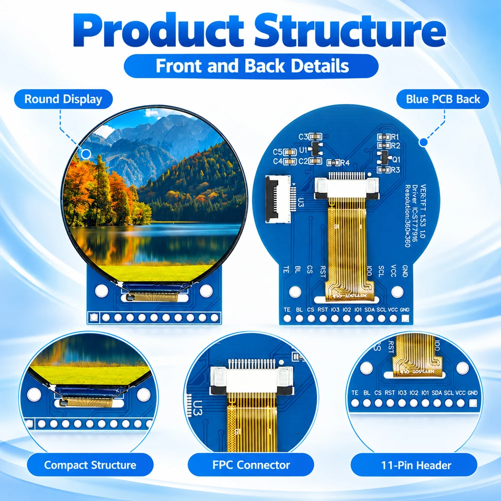 1.5 Inch TFT LCD Display Color Round Screen Module IPS 11Pin 360x360 ST77916 QSPI Interface 3V-5V Wide Viewing Angle