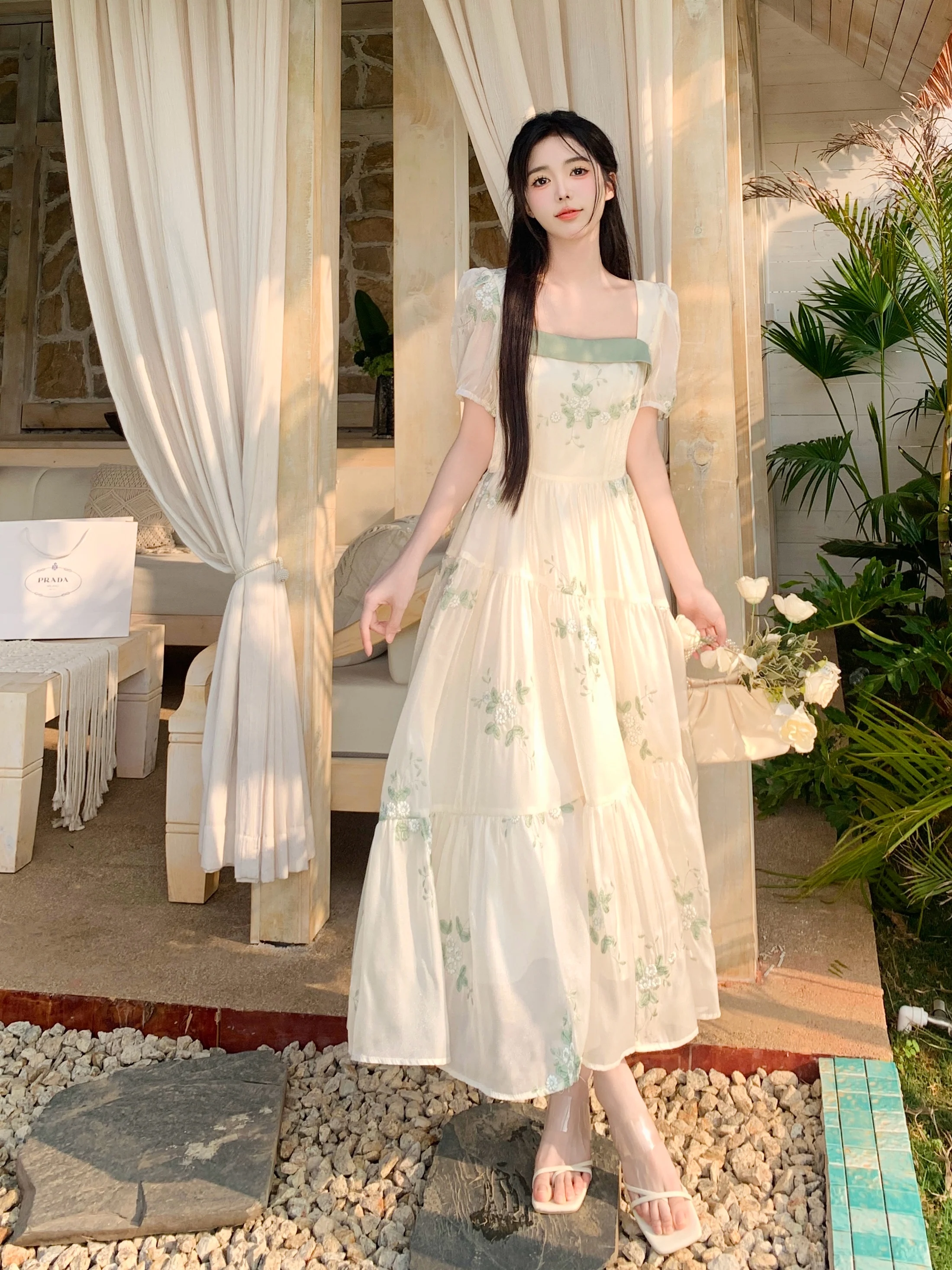 

Coigarsam Women's Dress 2024 Summer Office Lady French Style Solid Embroidery Puff Sleeve Dresses