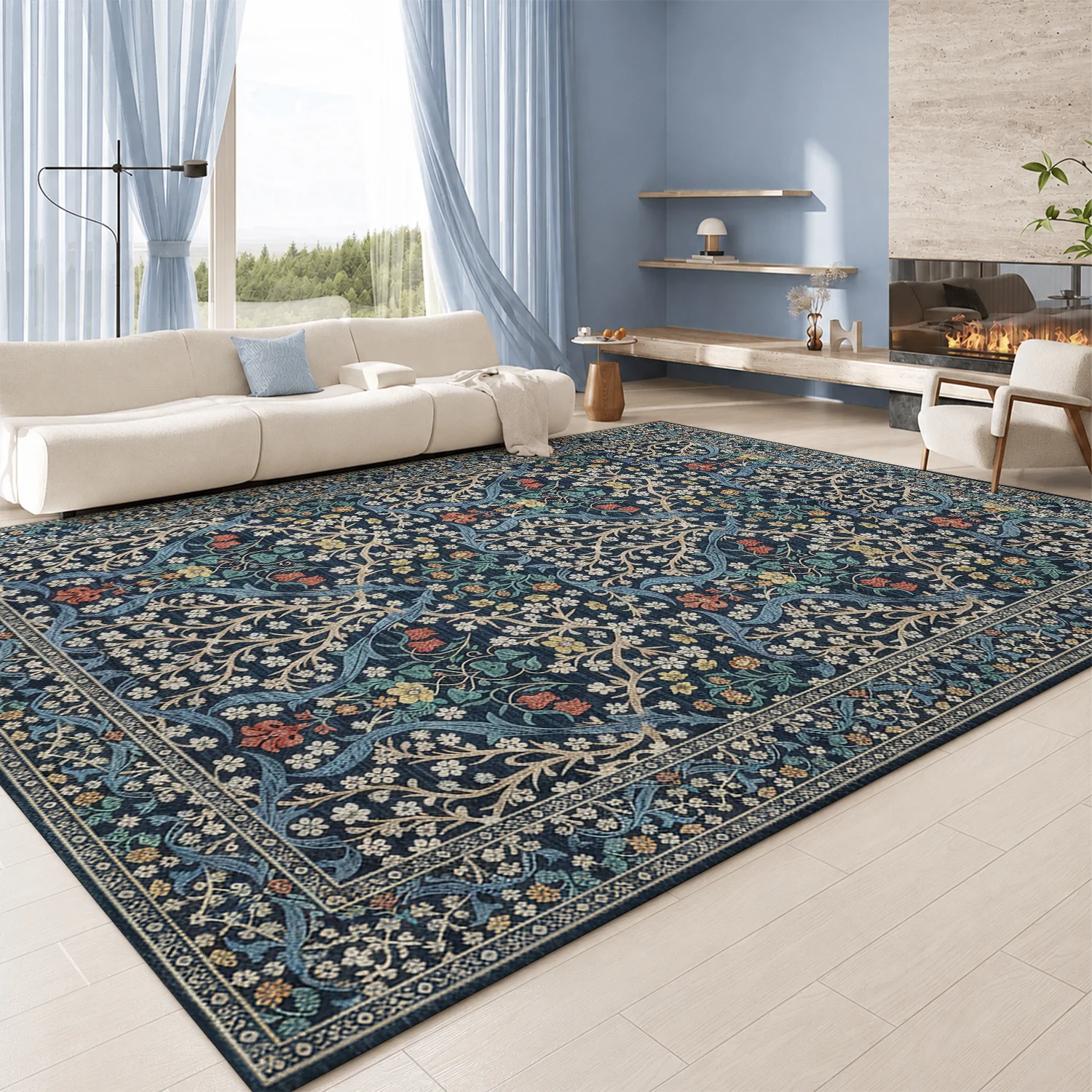 Large Indoor Area Rug, Soft Velvet Low Pile Rug with Non-Slip Dotted Backing, Machine Washable Navy Blue Botanical Floral Pattern for Living Room, Bedroom, Home Floor Decor
