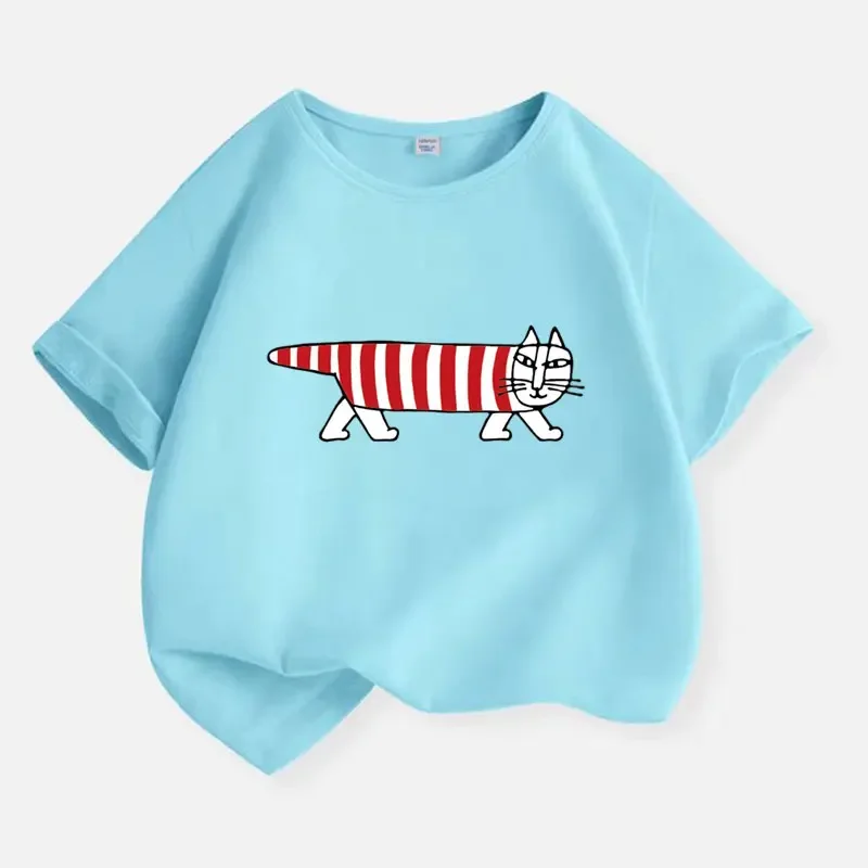 Childrens Cream Graphic Tee Unique Extra Long Striped Cat Cartoon Pattern Short Sleeve T Shirt Casual Breathable Summer Wear