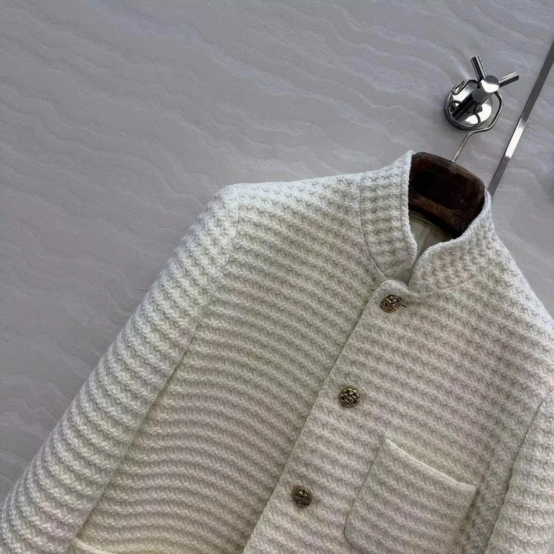2026 New Fashion Fall Winter 65% Woolen Beige Plaid Crochet Tweed Suit Coat Women Stand Collar Long Sleeve Chic Vintage Coat