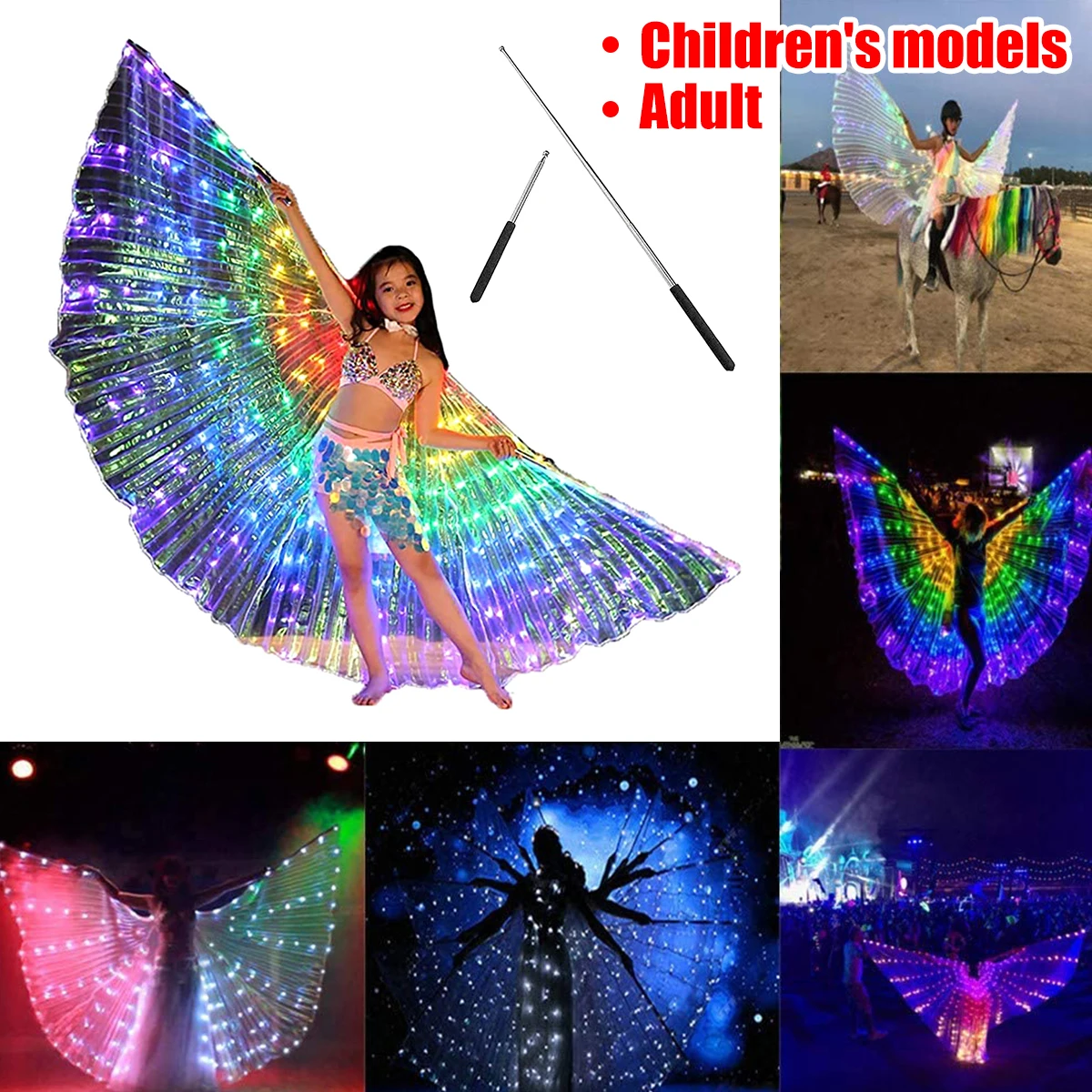 LED Fairy Wings Cloak Adult Children Dancers Colorful Luminous Butterfly Wings Belly Dancing Performance Stage Party Photo Prop