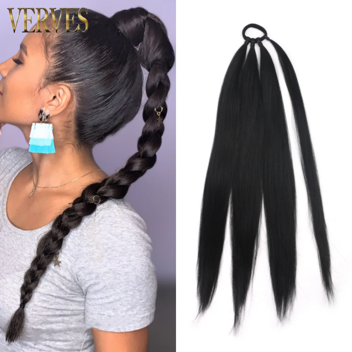 

VERVES Synthetic Pony Tail 20 inch Braids Hairpiece Ponytail Rubber Band Hair Ring Extensions Long Straight Ombre Brown Black