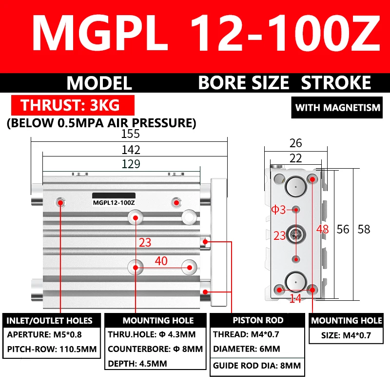 

ABILKEEN MGPL Series Pneumatic Compact Guide Cylinder MGPL12-100Z 12MM Bore X 100MM Stroke Three Axis Three Rod Air Cylinder