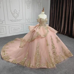 Pink Quinceanera Dresses Ball Gown Corset Princess Dress Gold Appliques Lace Beads Tull vestidos 15 de quinceañera Sweet 16 Year