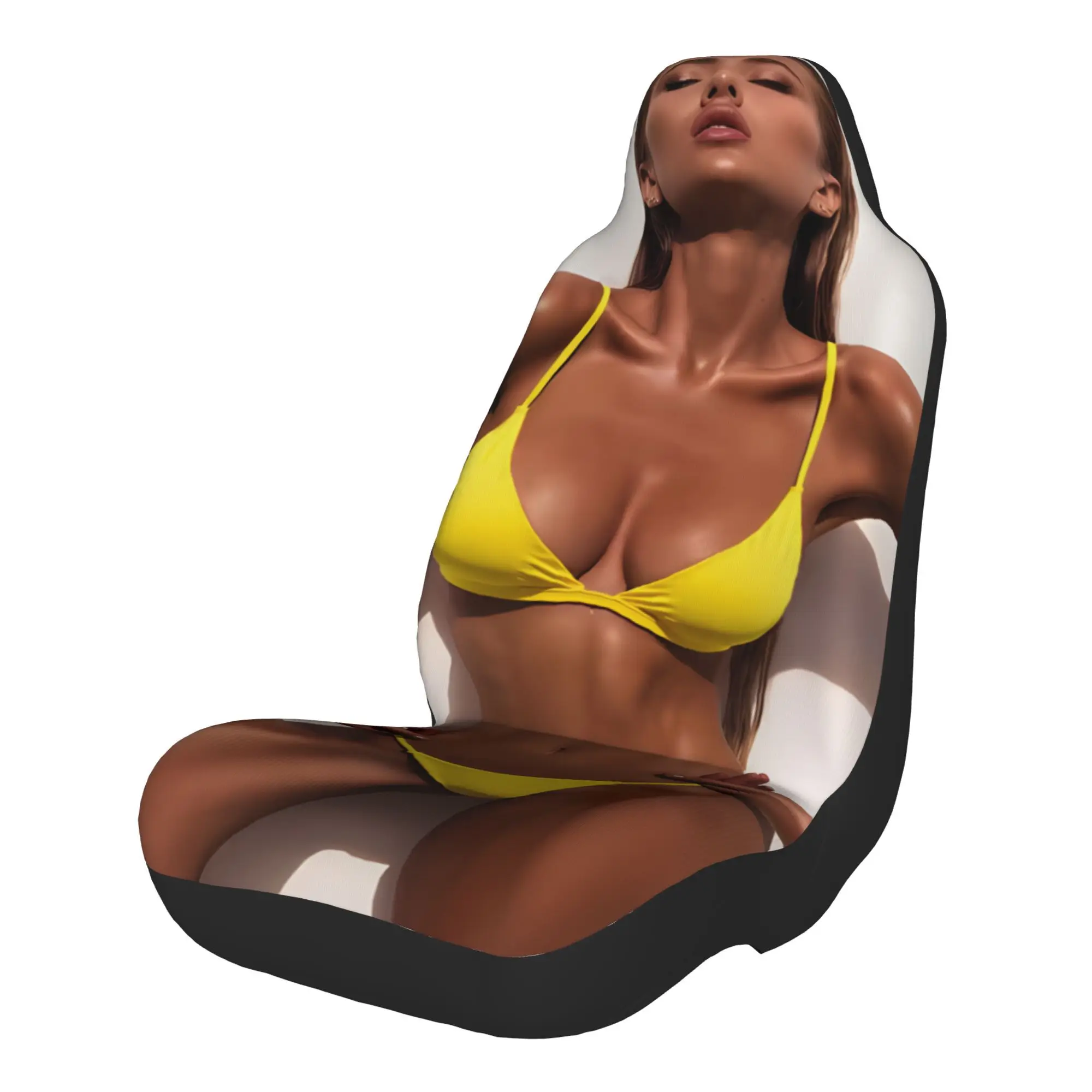 Set Of 2 Yellow Bikini Car Seat Covers Featuring A Smiling Woman, Designed To Fit For All Vehicle Types. Perfect For Birthday Pr