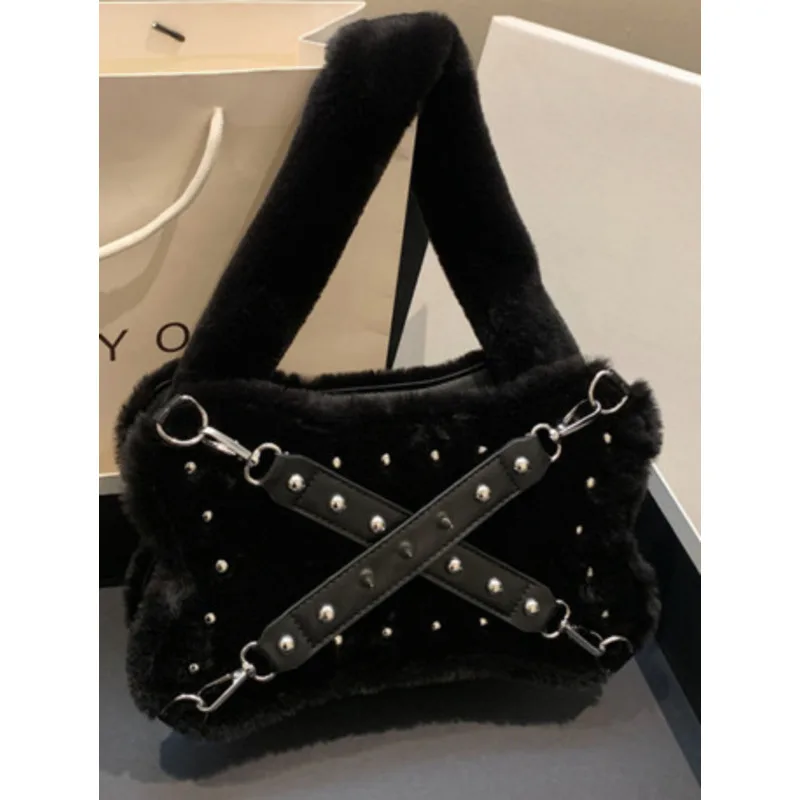 Handbags Plush Rivet Bag Shoulder For Women Style Handheld Crossbody High-Quality Messenger Versatile Luxury Casual Female Y2k