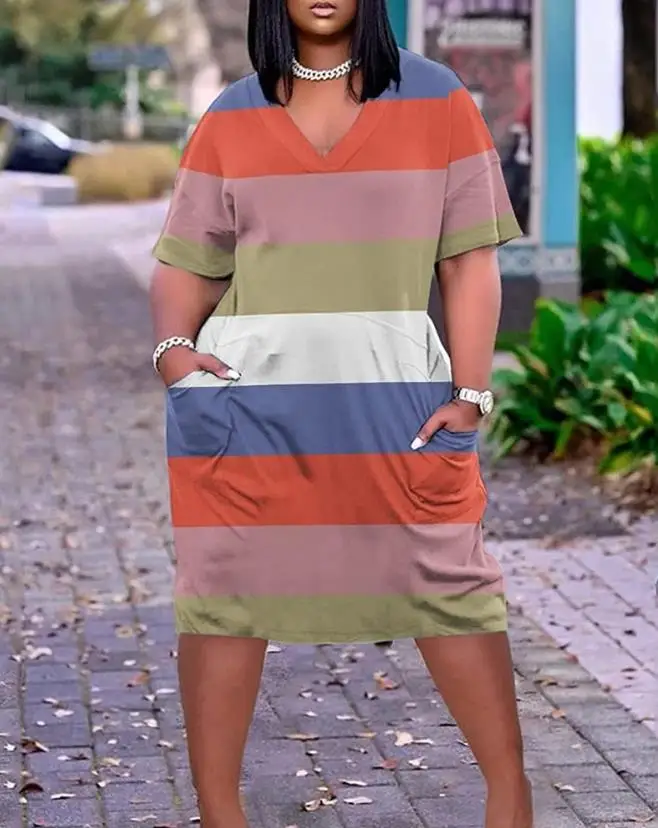 

Hot Selling Women Casual Simple 2023 Summer Straight Dress Short Sleeve Striped Colorblock Pocket Detail Casual Daily Dress