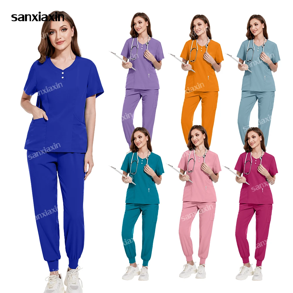 

NEW Women Medical Uniforms Hospital Surgical Uniforms Stretch Scrubs Sets Pockets Short Sleeve Top Pants Doctors Nursing Clothes