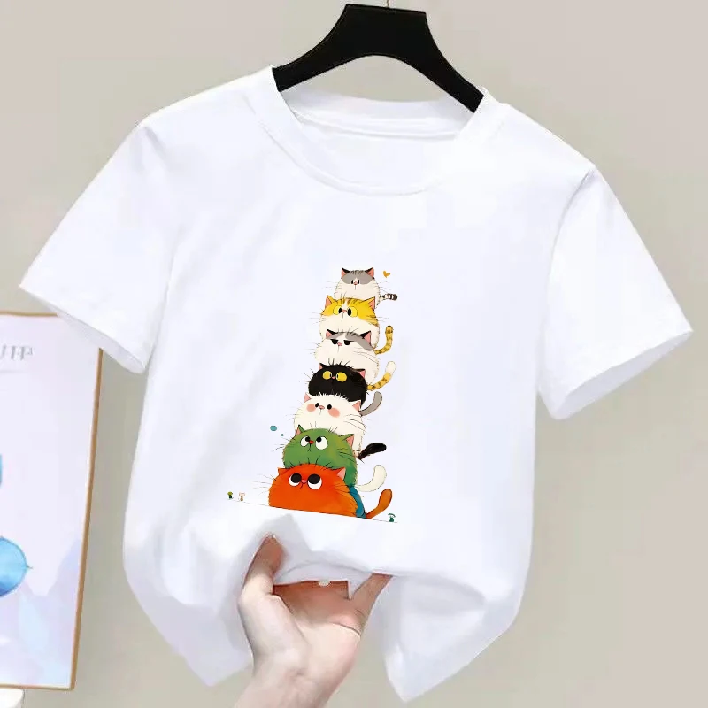 Cute Cat Capybara Kids Tshirts Summer Short Sleeve Tees Cartoon Boys Girls Clothes Kawaii Kitten Tops Y2K Children T-shirt
