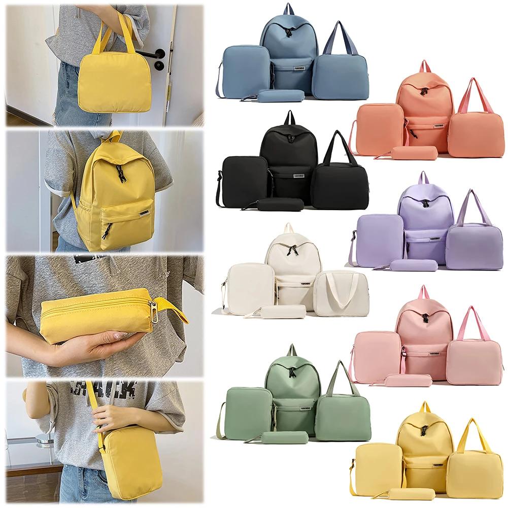 

4Pcs Backpack Set Primary Students Backpack Large Capacity Solid Color Lunch Bag Waterproof Fashion Crossbody Bag for Boys Girls