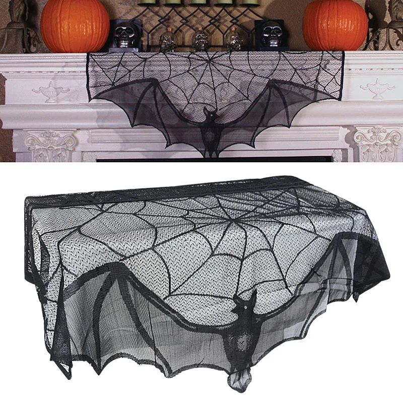 

Halloween Bat Table Runner Black Spider Web Lace Tablecloth Fireplace Curtain for Halloween Party Home Decoration Horror Props