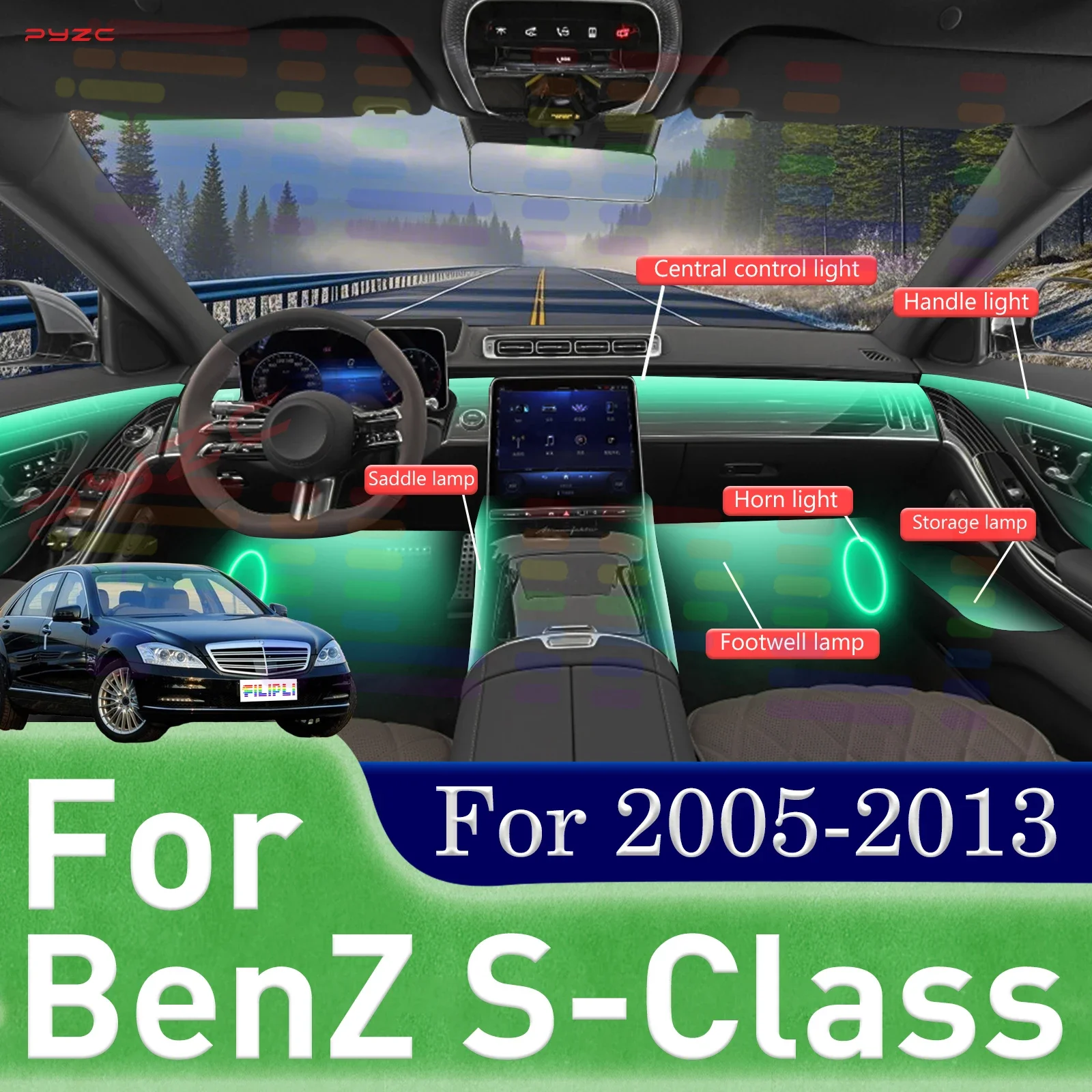 

Для BenZ S-Class Интерьер автомобиля Приложение для работы 64-цветная RGB симфоническая полоса окружающего освещения Акриловая направляющая Светодиодная атмосферная лампа