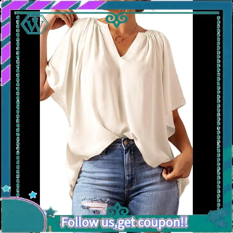 

A09P Womens Tops Dressy Casual 2025 Spring Summer V Neck Short Sleeve Shirts Business Casual Chiffon Blouses