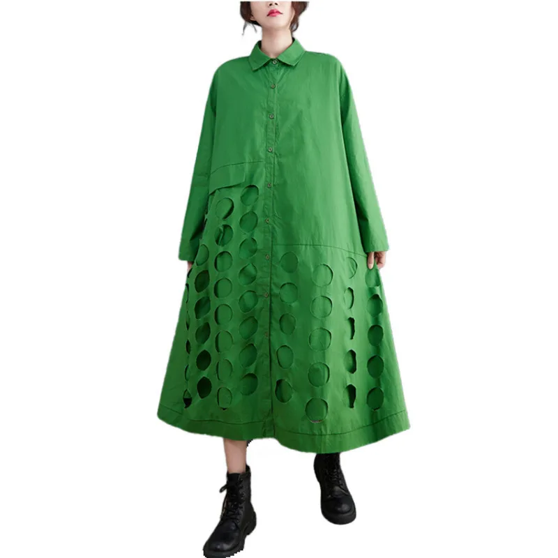 #3204 Black Green Long Shirt Dress Woomen Loose Turn-down Collar Button Front Shirt Dress Long Sleeve Loose Irregular Dresses