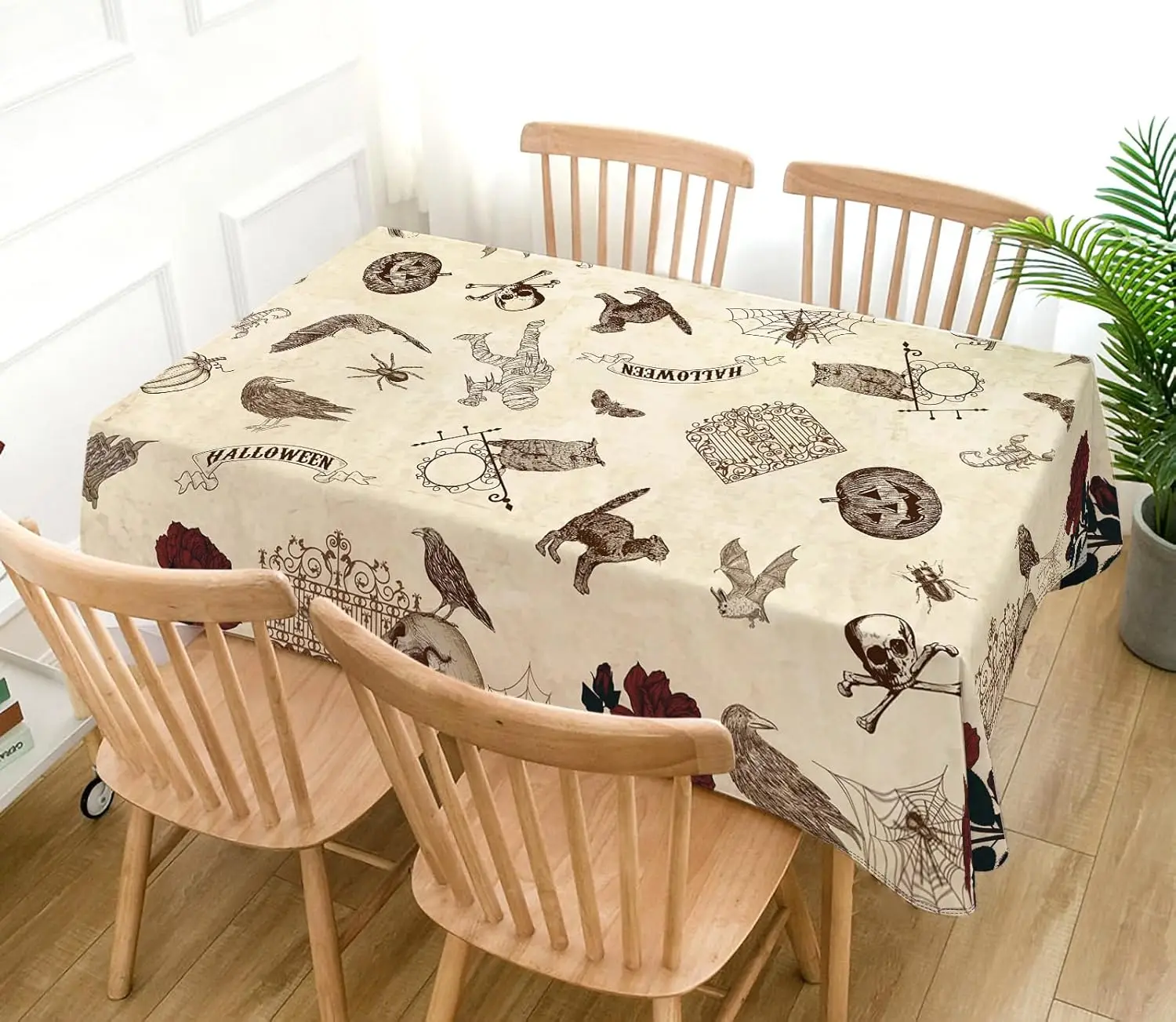 Halloween Day of The Dead Roses Skull Decoration Spider Web Pumpkin Crow Fabric Tablecloth Table Decor Durable Table Cover