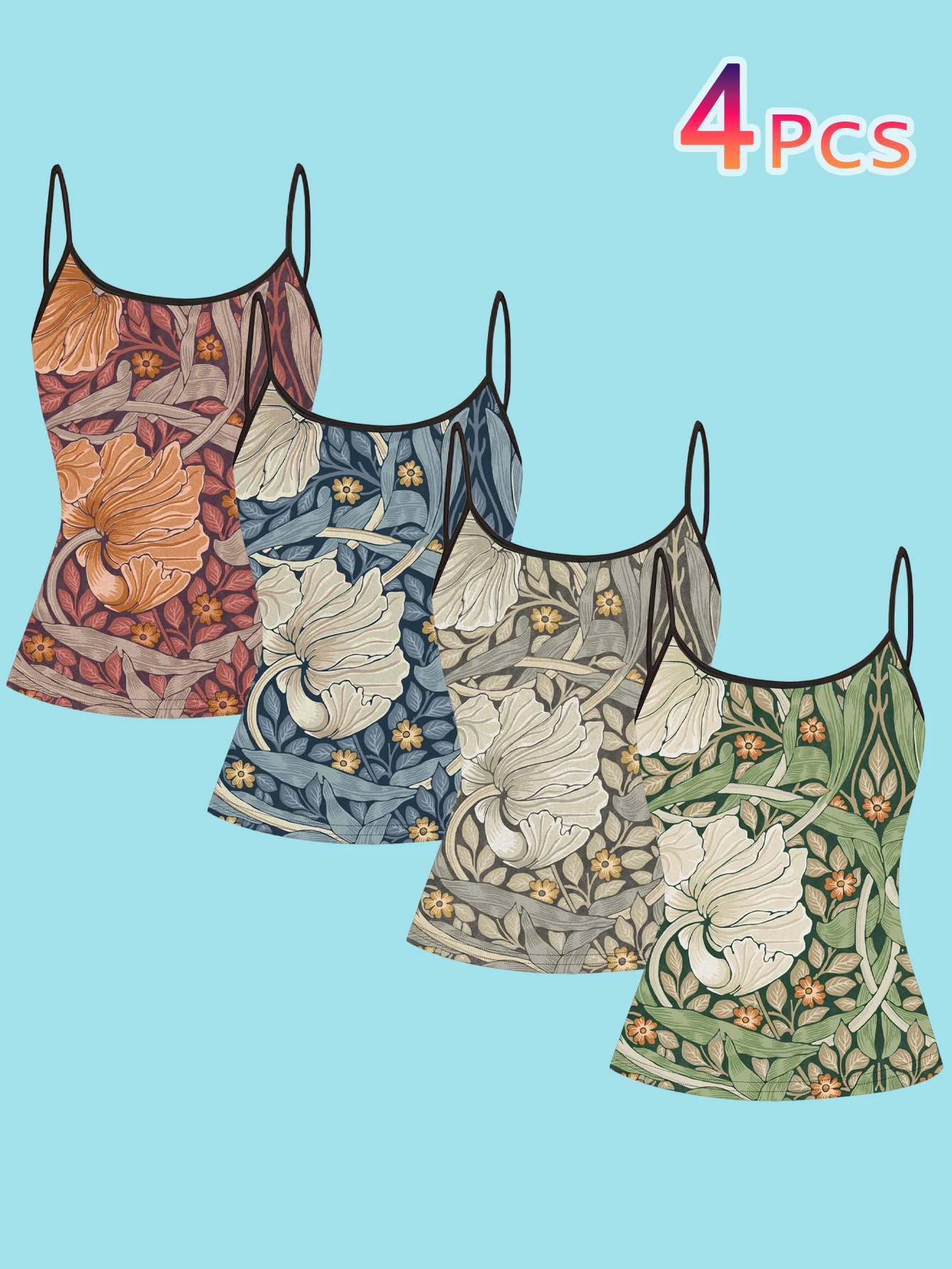 4-Piece Set of Women's Spaghetti Strap Camisoles with William Morris Vintage Large Floral Plant Vine Print, Slim-Fit Sleeveless Tops, Artistic Retro Style Outerwear and Inner Layering Shirts