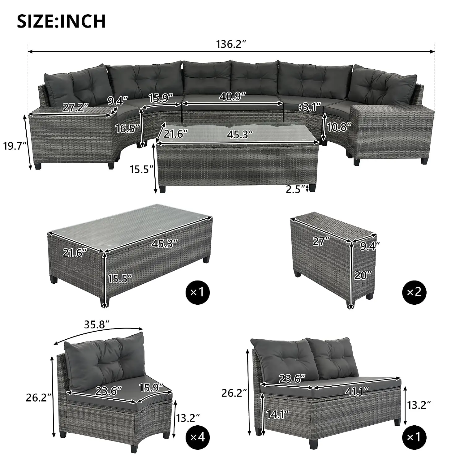 Curved Patio Sofa Set 8 Piece Outdoor Sectional Conversation Furniture Gray, Customized