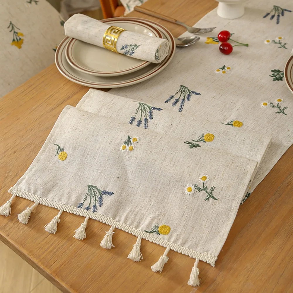 Rustic Style Linen Embroidery Table Runner with Tassel Flower/Cactus Pattern TV Cabinet Cover Long Strip Decorative Table Cloth