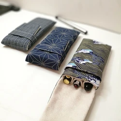 National Wind Cloth Art Pen Bag 3 holes Pen Bag Pen Case Protection Case Portable Pen Bag Blue Checkered Cherry