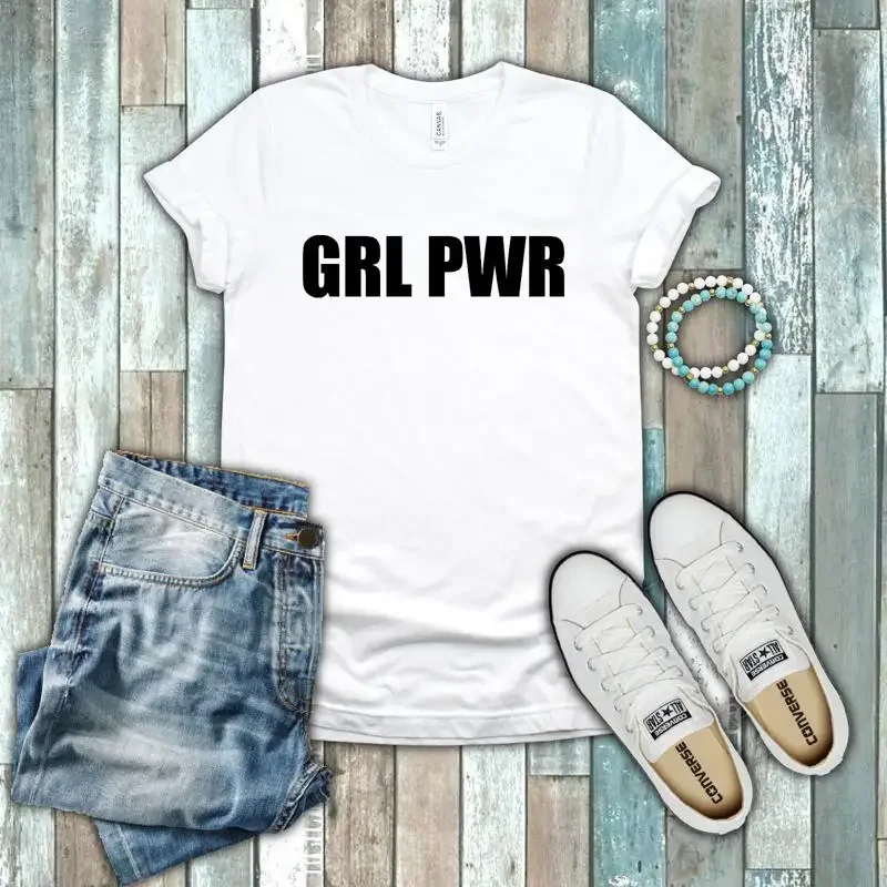 Girl Power GRL PWR T-Shirt mit Schriftzug, Baumwolle, Weiß
