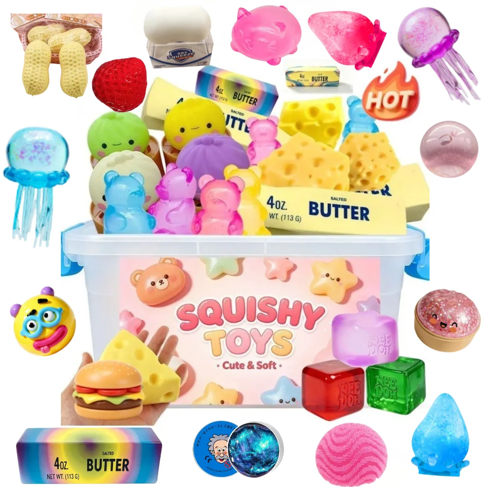100+ style Novelty Mystery Gift Surprise Blind Box Dr PepperrNeDooh Nice Cube Butter stick Squishy Squeeze Toy for Adults Gifts.