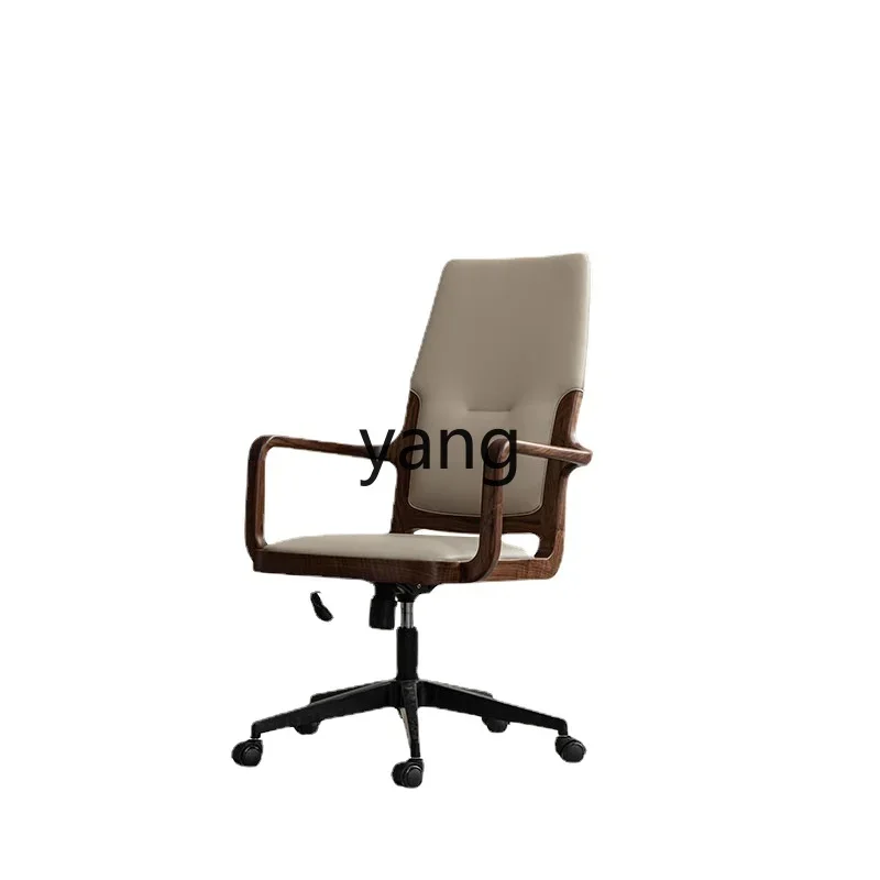 

Yjq Black Walnut Genuine Leather Computer Chair Wood Office Simplicity Leisure Chair Removable Armchair