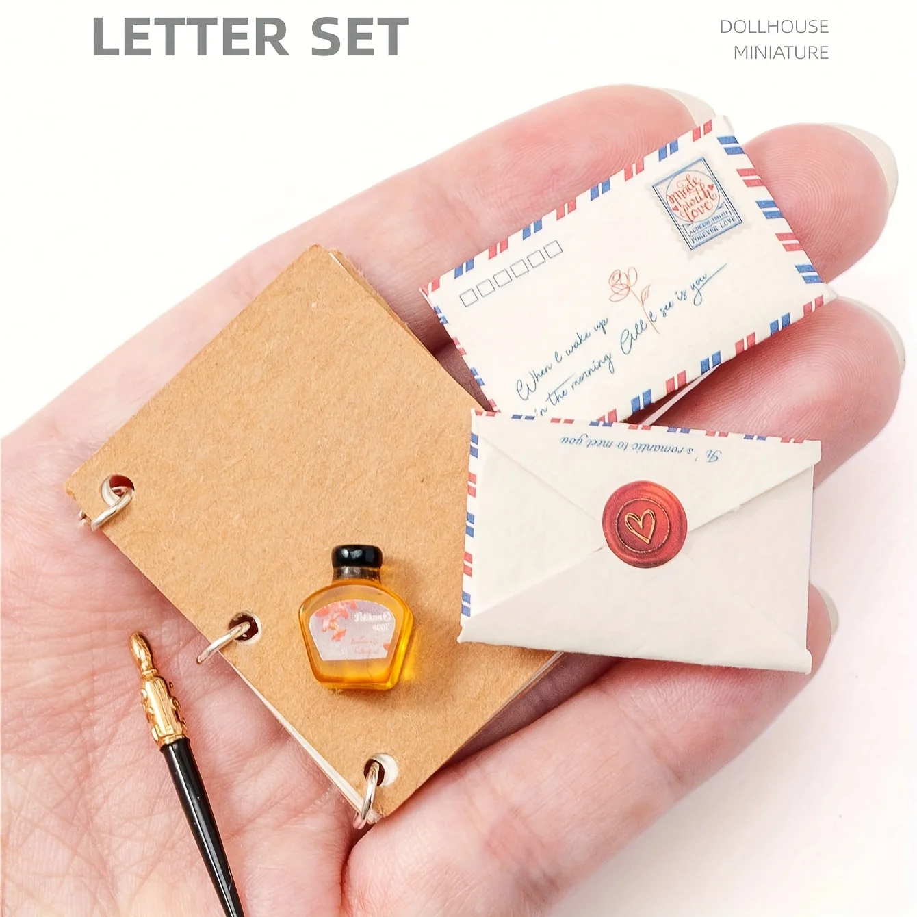 1 Satz Miniatur-Vintage-Briefpapier-Set für Puppenhäuser: Simulierter Füllfederhalter im Maßstab 1/6 und 1/12, Tintenflasche, Umschläge und Schreibwaren