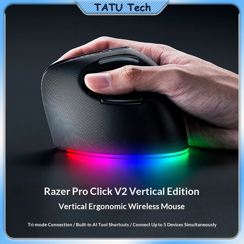 Pro Click V2 Vertical Ergonomic Mouse Tri-Mode Wireless AI Prompt Master RGB Vertical Right Hand Computer Office Mouse