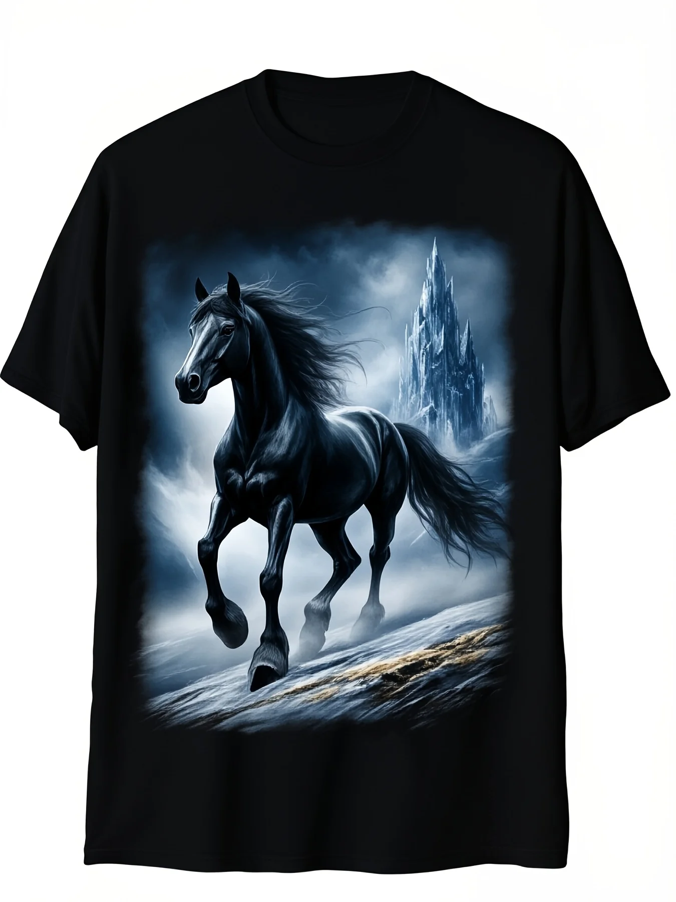 Men's TShirt Majestic Black Horse Galloping Through Snowy Mountain Landscape Digital Print Casual Short Sleeve Round Neck Tee Machine Washable Everyday Clothing NatureinspRetro Casual Short-sleeved T-shirt with a Round Neck and Printed Pattern