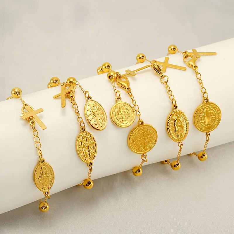 Stainless Steel Round Religious Charms 18K Gold Plated Virgin Mary Beaded Gold Bracelet for Women Hand Jewellry Bulk Sale