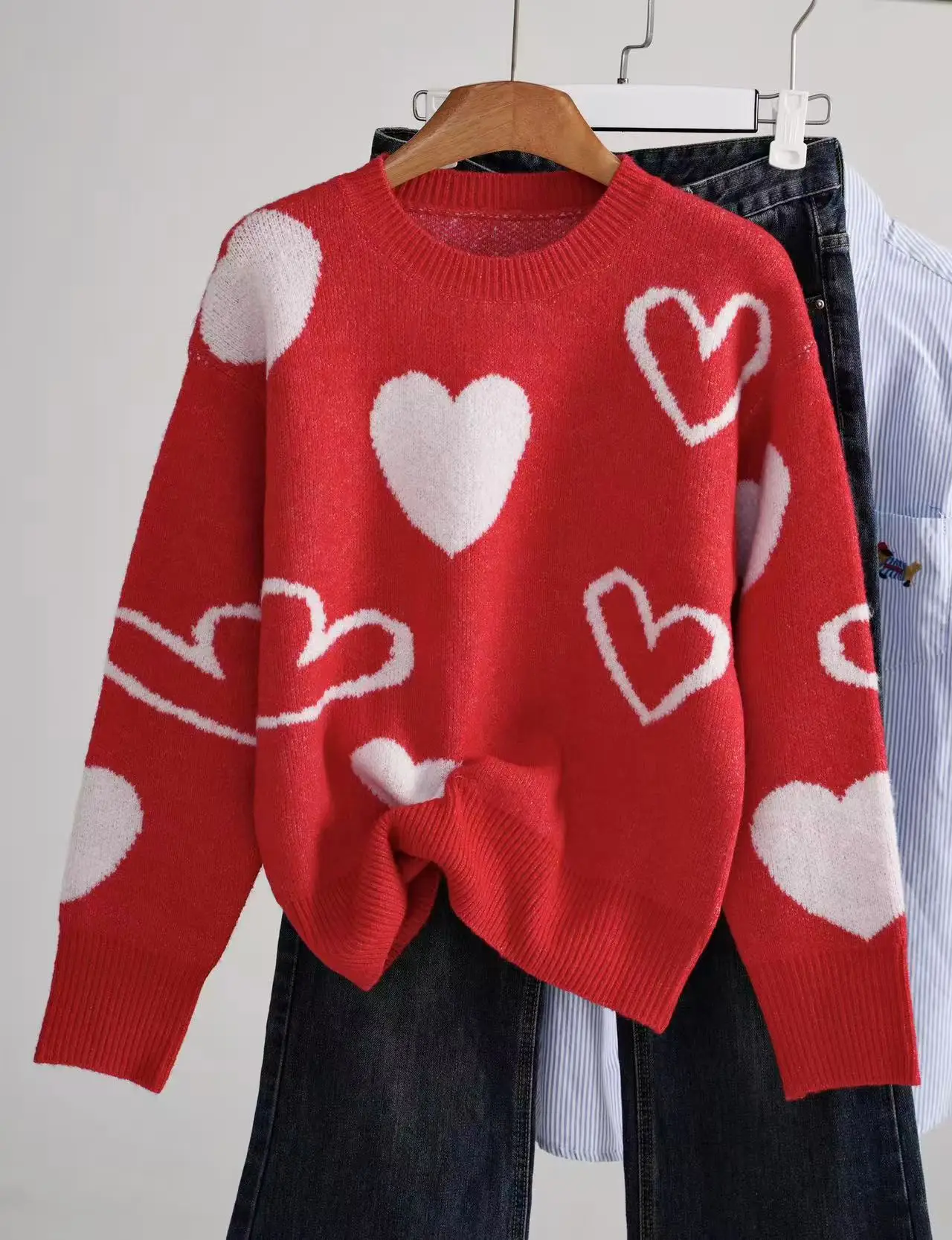 

Новогодний большой красный пуловер с узором «любовь» на День святого Валентина, свитер с длинными рукавами, персиковое сердце, контрастный цвет, мягкий микроэластичный модный стиль