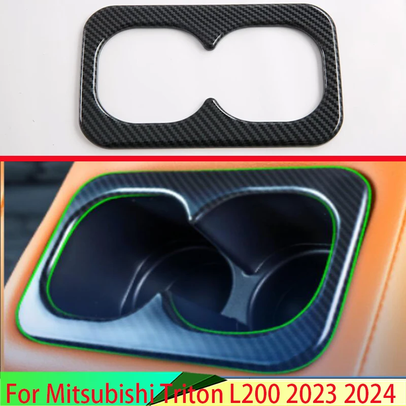For Mitsubishi Triton L200 2023 2024 Carbon Fiber Style Rear Seat Drink Cup Holder Chrome Trim Cover Bezel Surround Frame