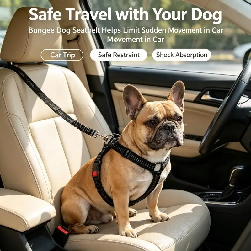 Dog Seat Belt for Car,Dog Car Harness Seatbelt Adjustable with Elastic Bungee Buffer, 2in1 Pet Leash Restraint Dog Safety Tether