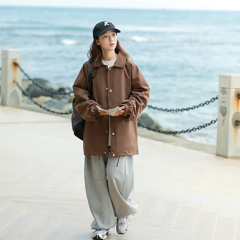 2024 Jesienne kurtki bomberki damskie Y2K TRAF Luźne płaszcze damskie Dorywczo Kołnierz Turndown Płaszcz z długim rękawem Damska szykowna odzież wierzchnia