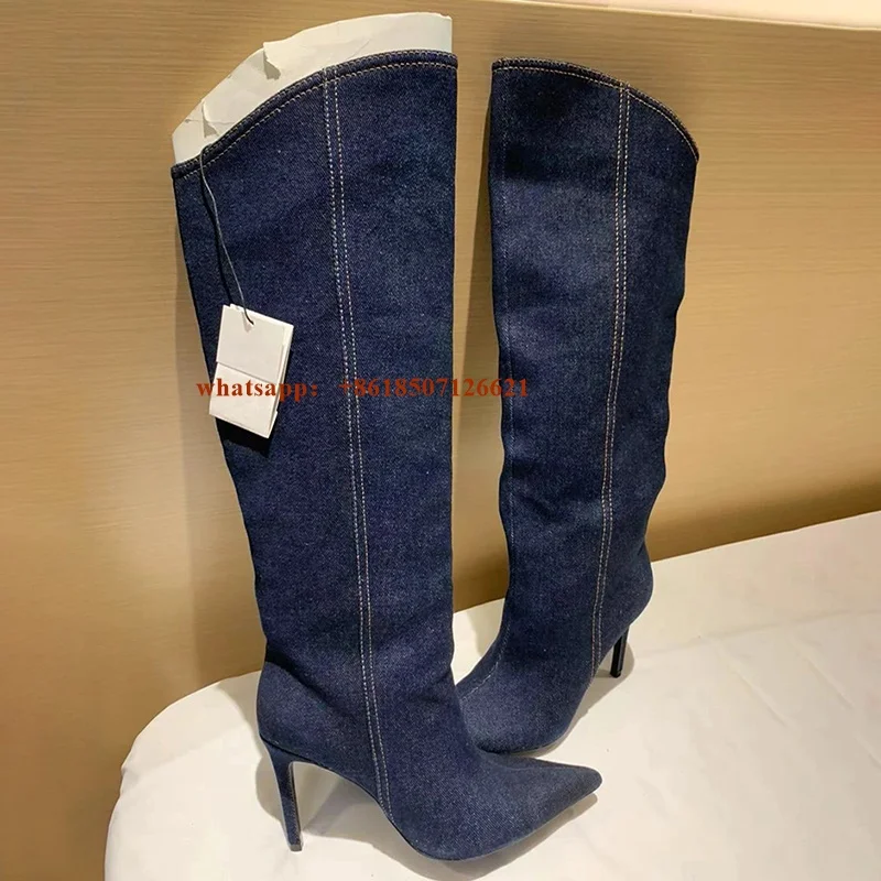 Denim Long Versatile Boots For Women New Stiletto Heel Pointed Toe Knee-Length Sexy Fashion Boots