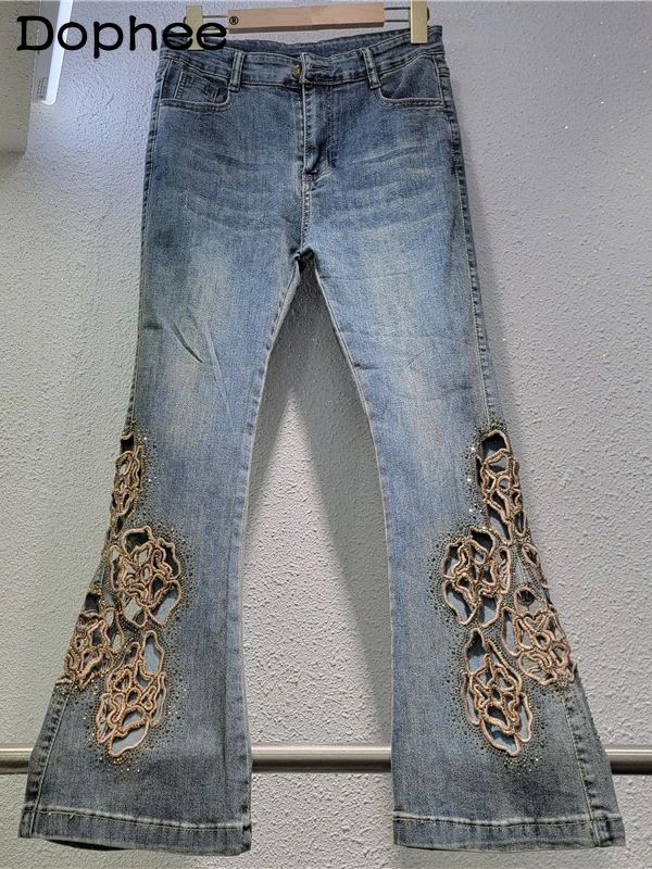 

2024 Autumn New Flower Clusters Phnom Penh Hot Diamond Flowers Hollow Elastic Denim Trousers Women High Waisted Jeans